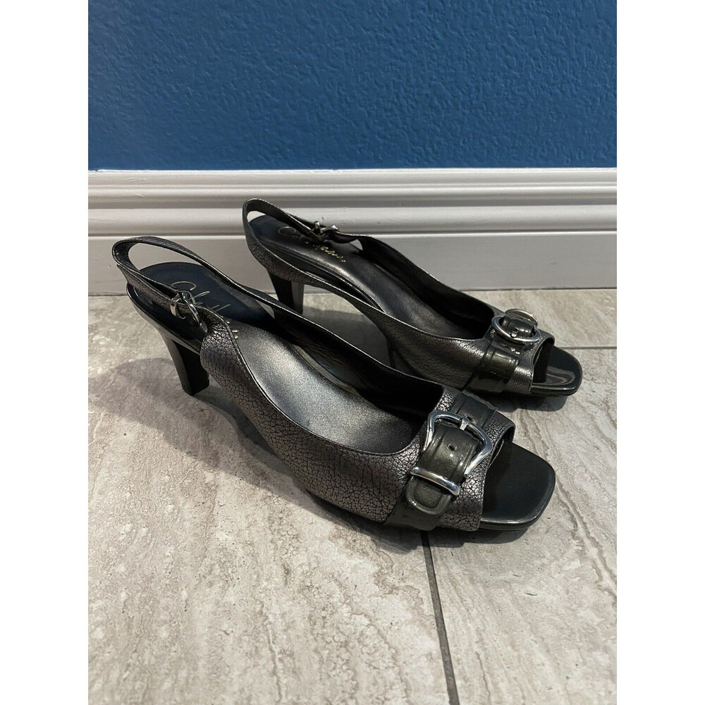 COLE HAAN Air Pewter Slingback Open Toe Buckle Sandals Heels D36499 Size 8.5 B